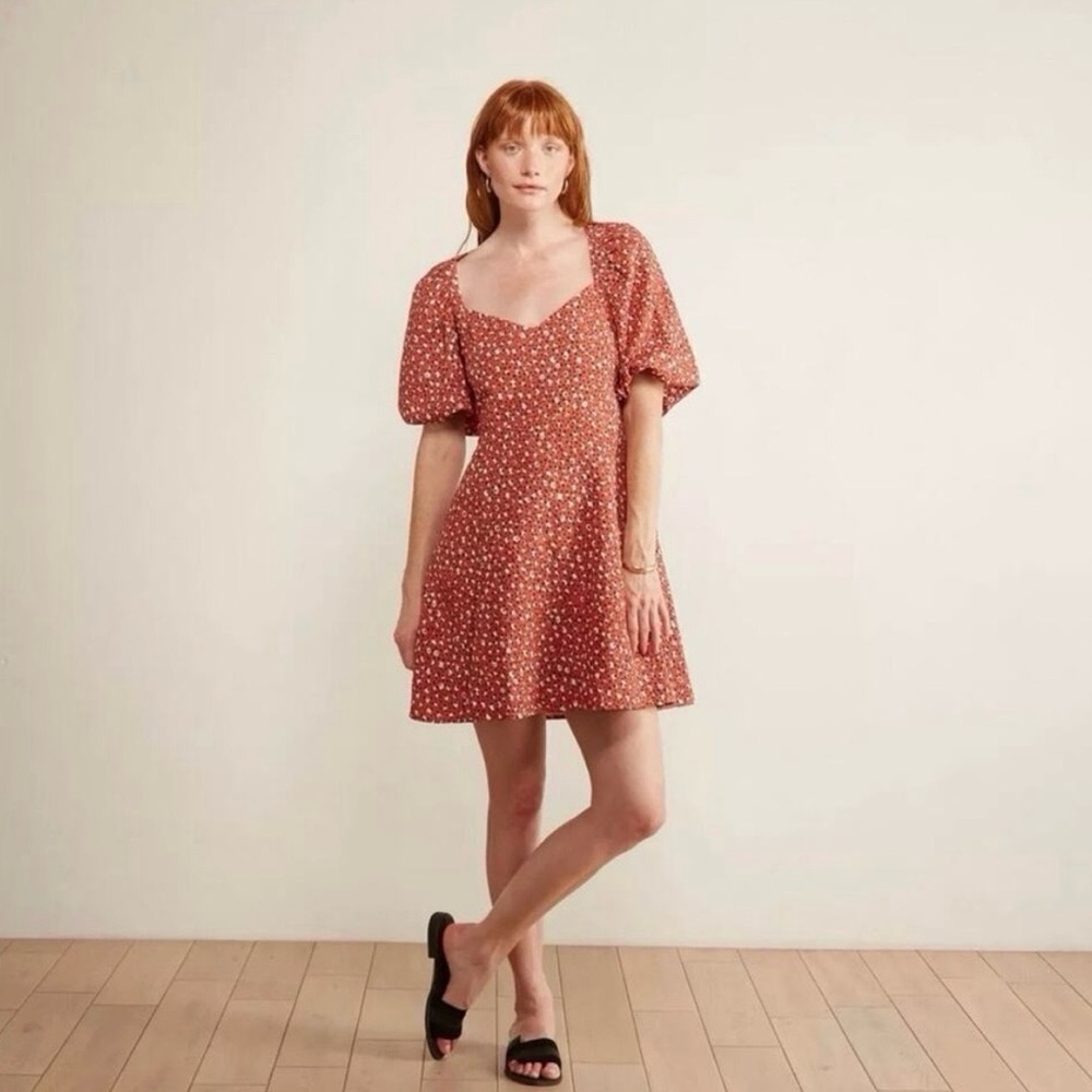 The Odells/Free People Red Floral Puff Sleeve Dress - Size XSmall